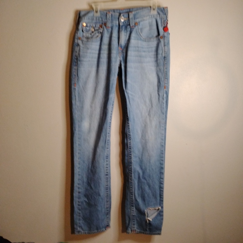 True Religion Size 31 ×32 Slim Fit , Well Worn, Rip In 1 Leg,Vintage , Jeans